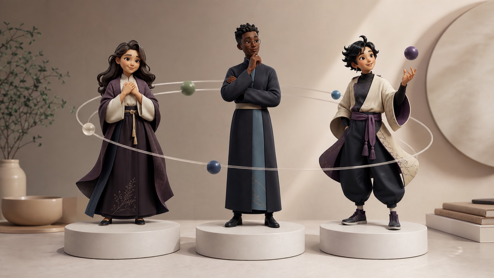 Editorial illustration of three expressive digital learning characters
