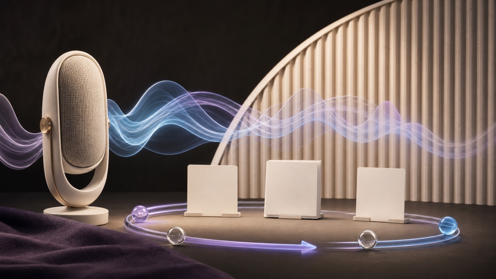 Editorial illustration of an audio waveform, replay control, and readable practice text