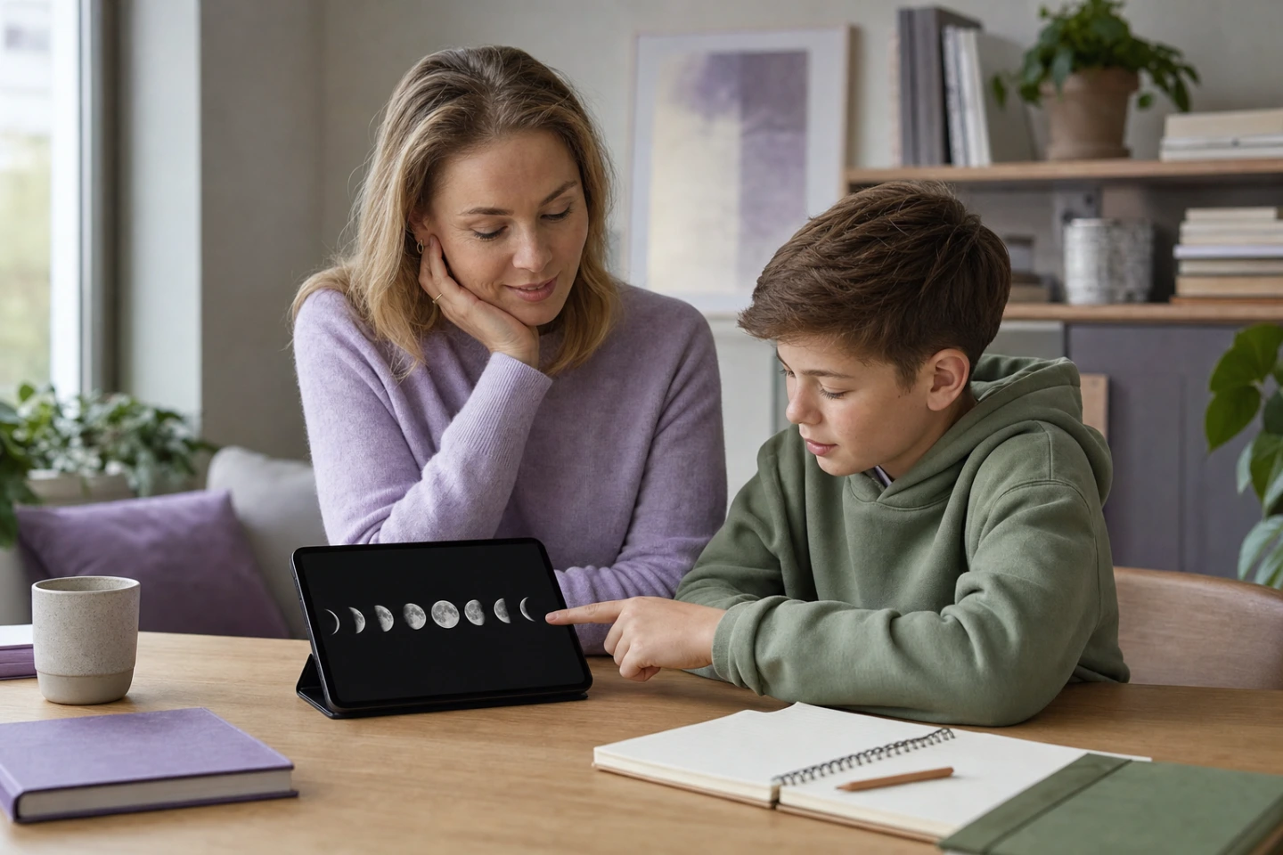 A mother and son exploring Moon phases together with Learny at home